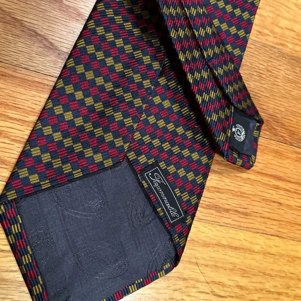 Faconnable Necktie Red Yellow Navy Blue‎ Geometric Silk Hand Made in France Tie